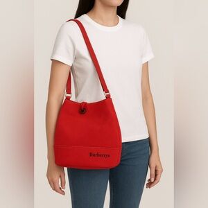 Burberrys Vibrant Suede Red Shoulder Bucket Bag
